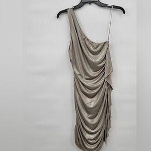 Guess Bronze One Shoulder Ruched Cascading Cocktail Mini Dress Size M